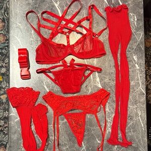 Vibrant sexy Red Lace fishnet lingerie lot Bra Set garter thigh high valentine
